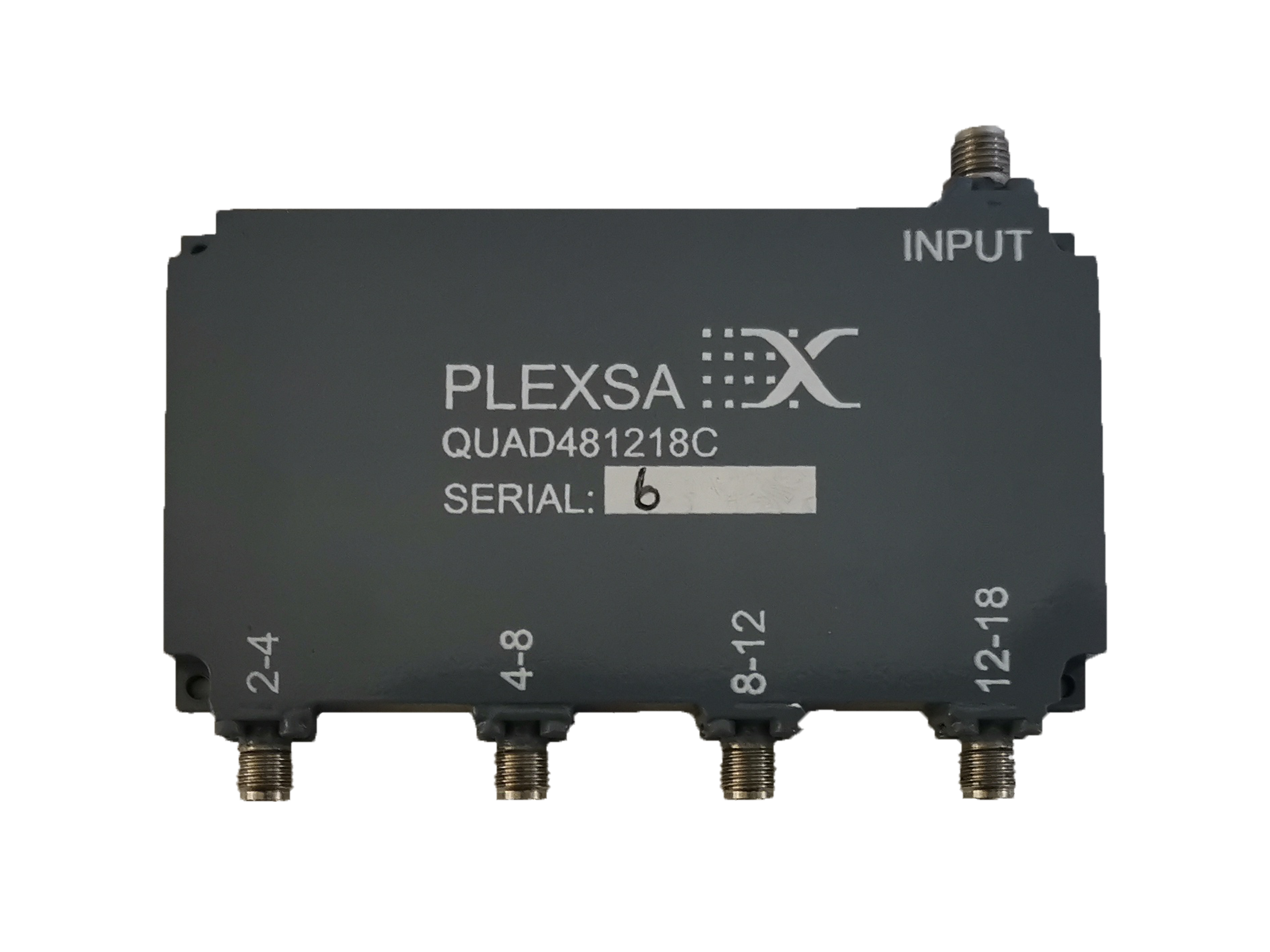 Broadband RF Quadruplexer product four contiguous output channels 2 to 18 GHz 1.6 percent selectivity at 12 GHz plexsa
