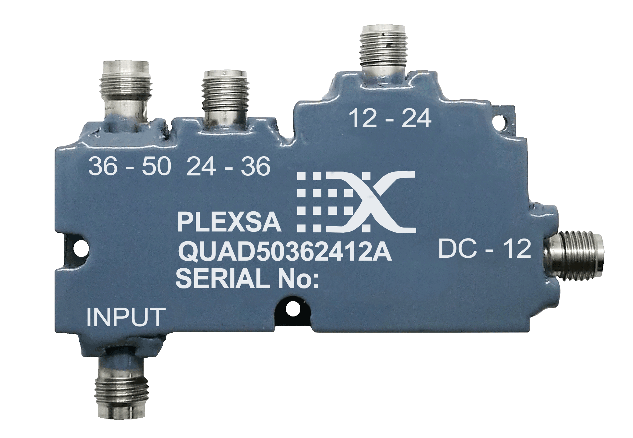 Broadband RF Quadruplexer Product four contiguous output channels DC to 50 GHz plexsa