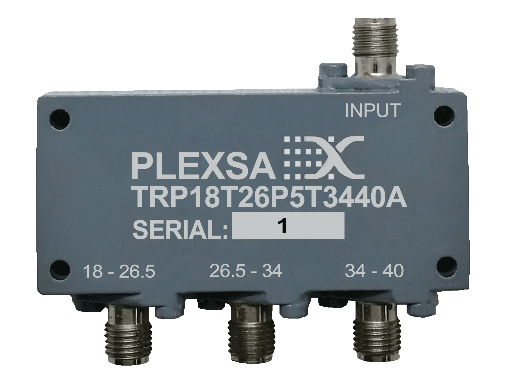 Broadband RF Triplexer Product passbands 18 to 26.5 to 34 to 40 GHz input DC to 40 GHz plexsa
